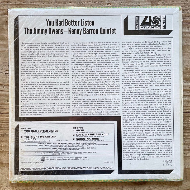 JIMMY OWENS - KENNY BARRON QUINTET / YOU HAD BETTER LISTEN - US Atlantic Original