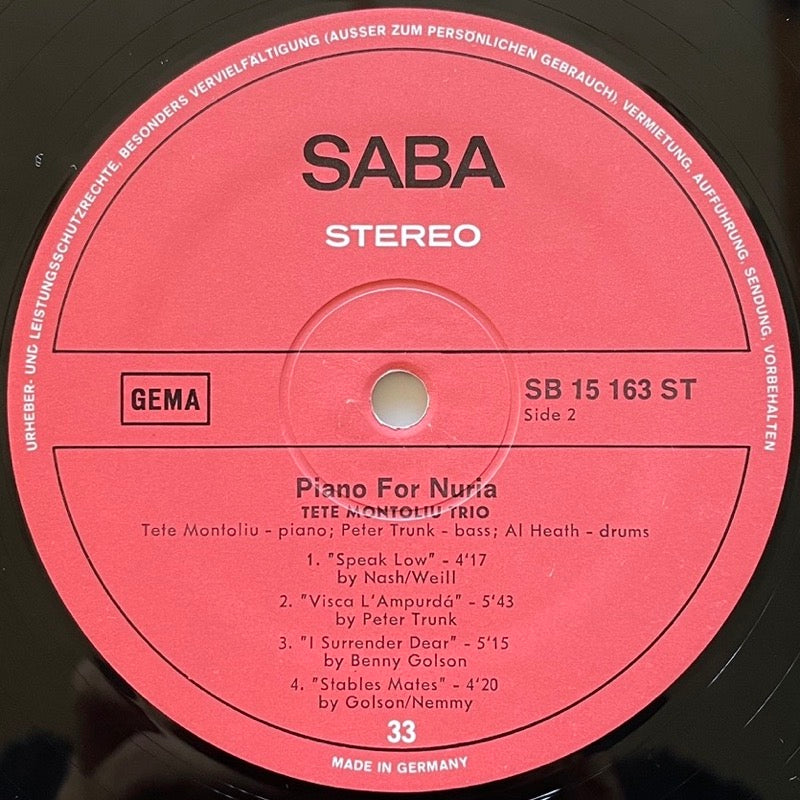 TETE MONTOLIU TRIO / PIANO FOR NURIA - German Saba Original