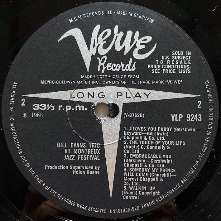 BILL EVANS AT THE MONTREUX JAZZ FESTIVAL - UK Verve MONO