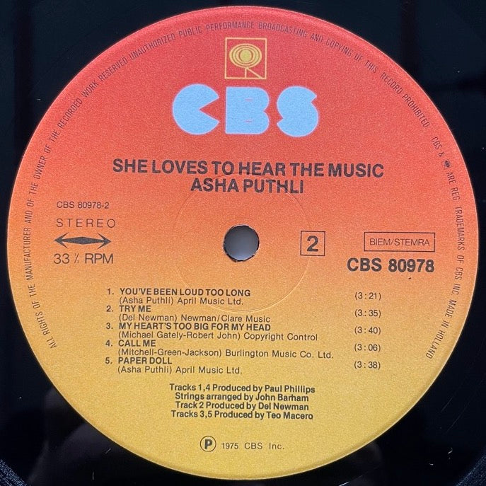 ASHA PUTHLI / SHE LOVES TO HEAR THE MUSIC - Dutch CBS