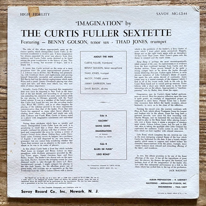 CURTIS FULLER SEXTETTE / IMAGINATION - US Savoy DG Original