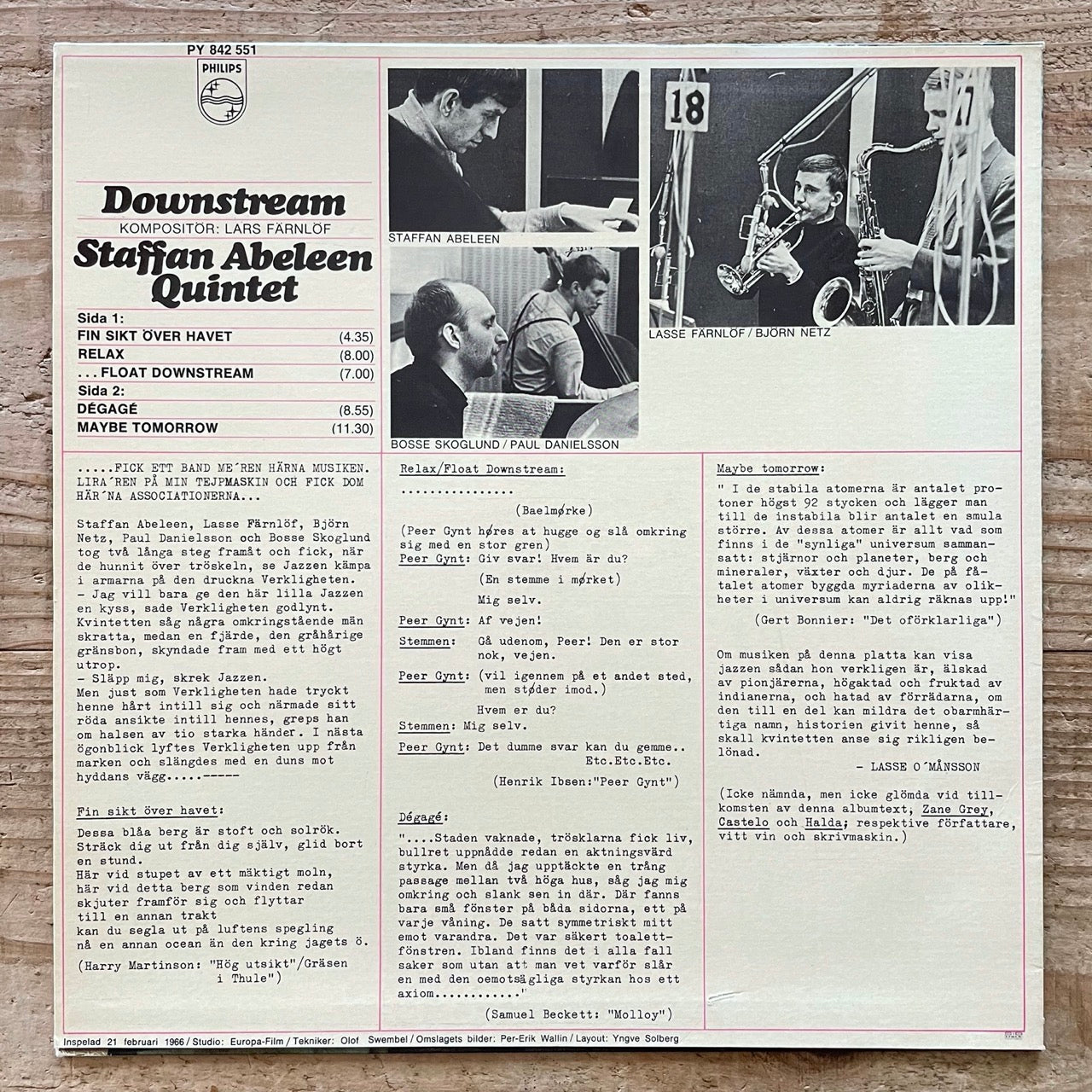 STAFFAN ABELEEN QUINTET / DOWNSTREAM - Swedish Philips Original