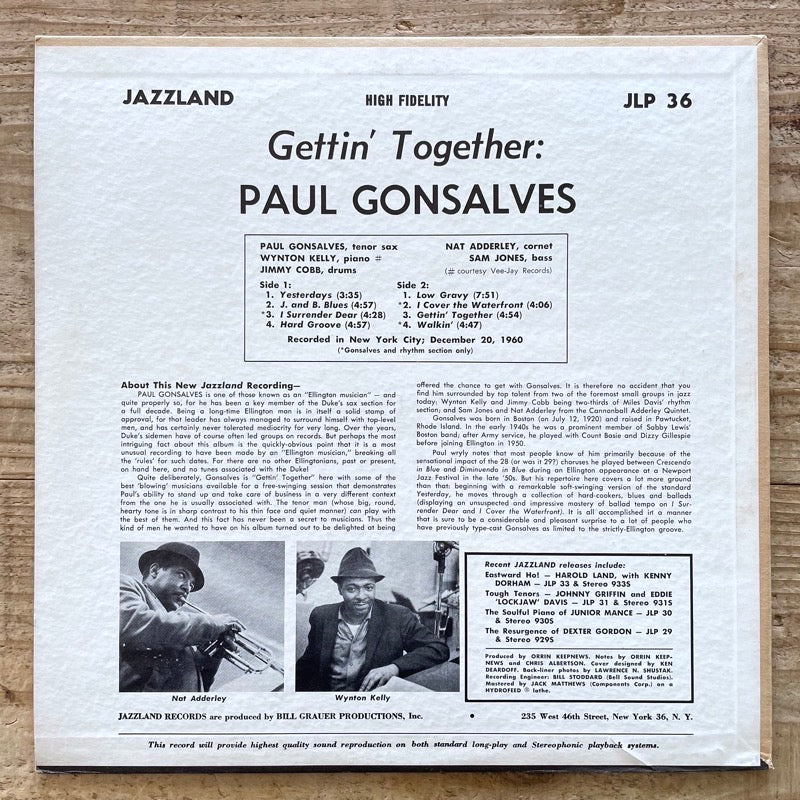 PAUL GONSALVES / GETTIN' TOGETHER - US Jazzland mono original