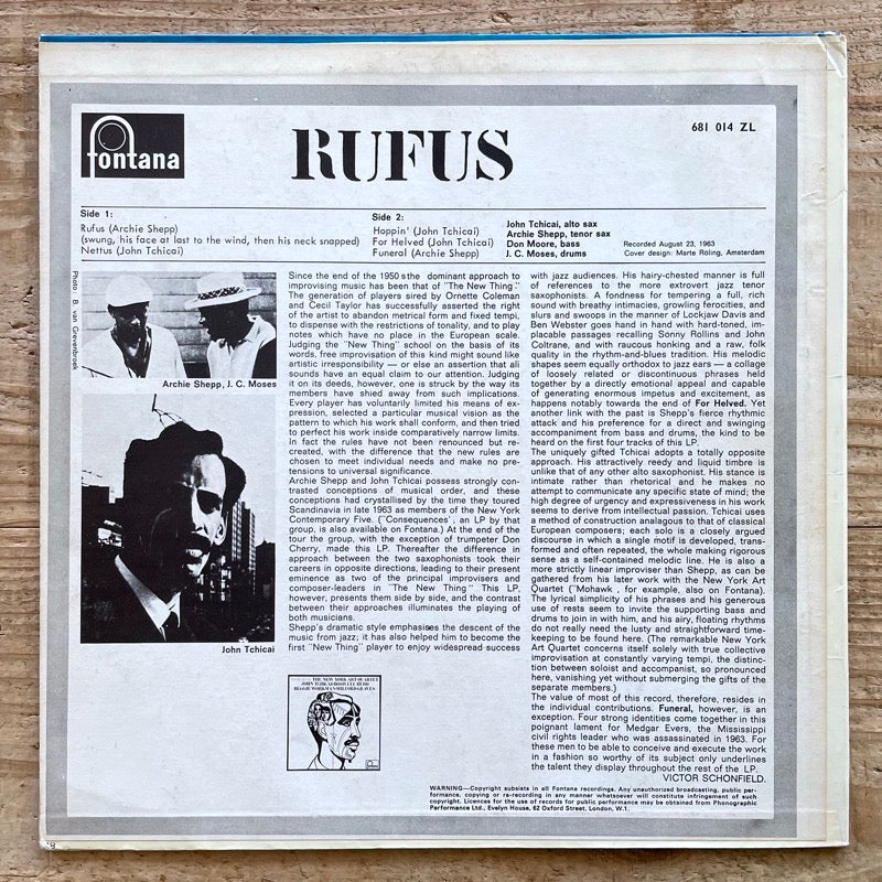 JOHN TCHICAI - ARCHIE SHEPP / RUFUS - UK Fontana Mono