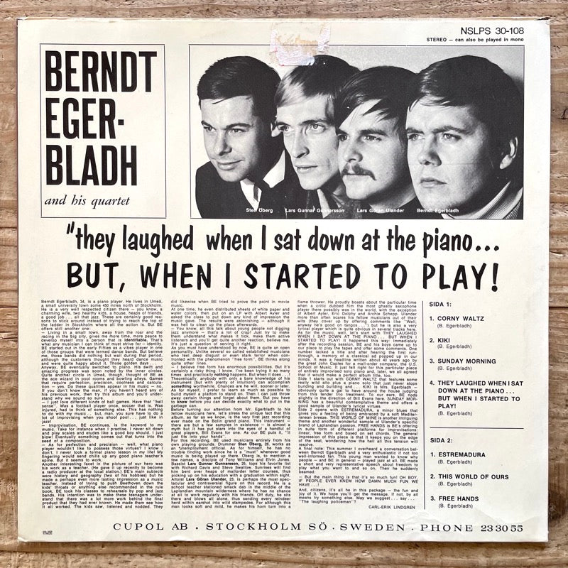 BERNDT EGERBLADH AND HIS QUARTET / THEY LAUGHED WHEN I SAT DOWN AT THE PIANO... BUT, WHEN I STARTED TO PLAY! - Swedish Cupol