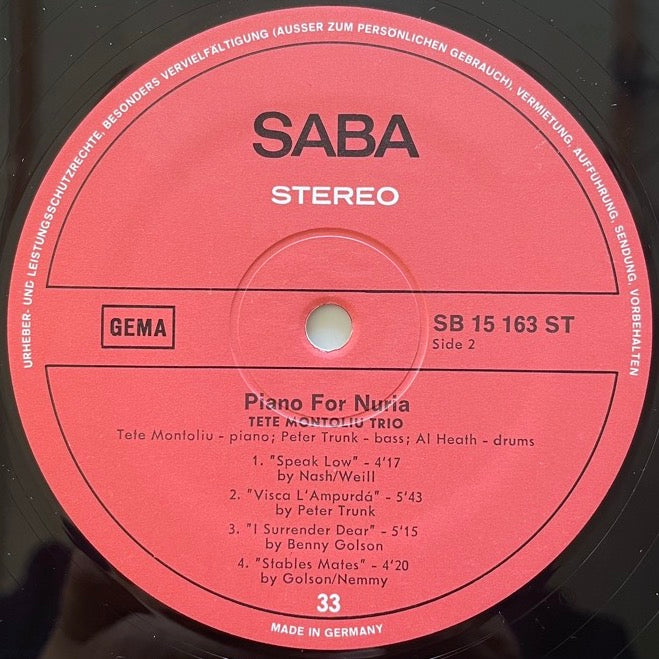 TETE MONTOLIU TRIO / PIANO FOR NURIA - German Saba Original