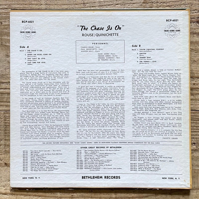 CHARLIE ROUSE - PAUL QUINICHETTE / THE CHASE IS ON - US Bethlehem original