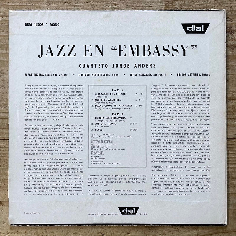 CUARTETO JORGE ANDERS / JAZZ EN EMBASSY - Argentina Dial original