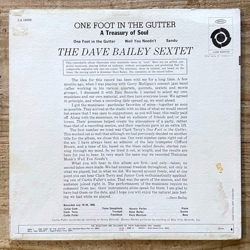 DAVE BAILEY SEXTET / ONE FOOT IN THE GUTTER - US Epic mono original