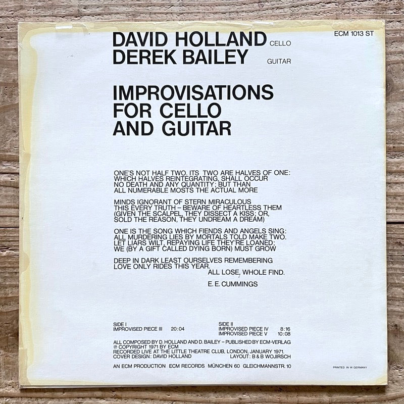 DAVID HOLLAND - DEREK BAILEY / IMPROVISATIONS FOR CELLO AND GUITAR - German ECM