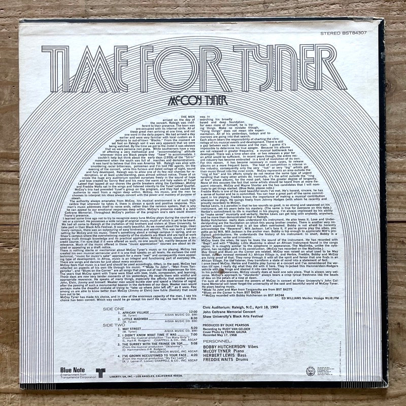 McCOY TYNER / TIME FOR TYNER - German Blue Note VAN GELDER