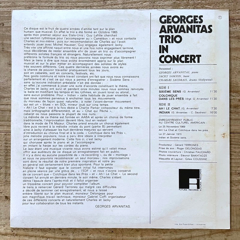 GEORGES ARVANITAS TRIO IN CONCERT - French Futura single sleeve