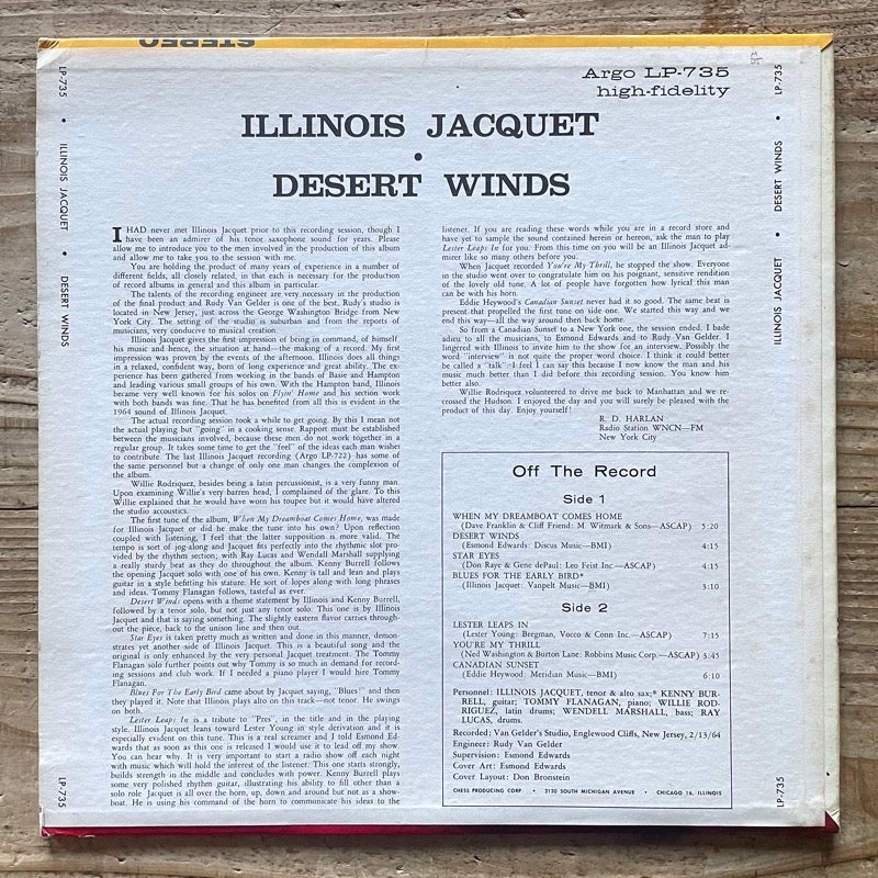 ILLINOIS JACQUET with KENNY BURRELL / DESERT WINDS - US Argo Promo Original