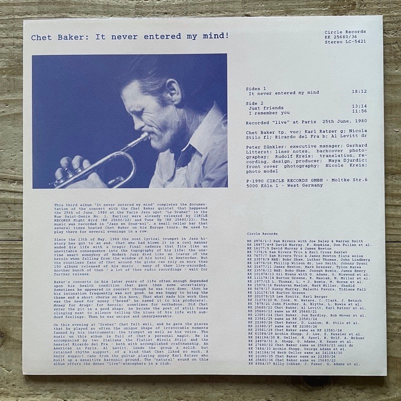 CHET BAKER / IT NEVER ENTERED MY MIND - German Circle Original