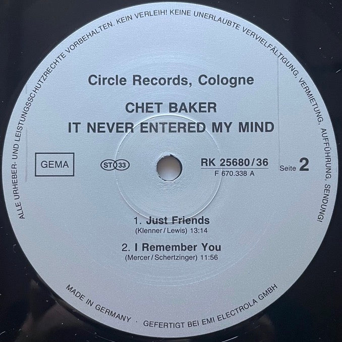 CHET BAKER / IT NEVER ENTERED MY MIND - German Circle Original