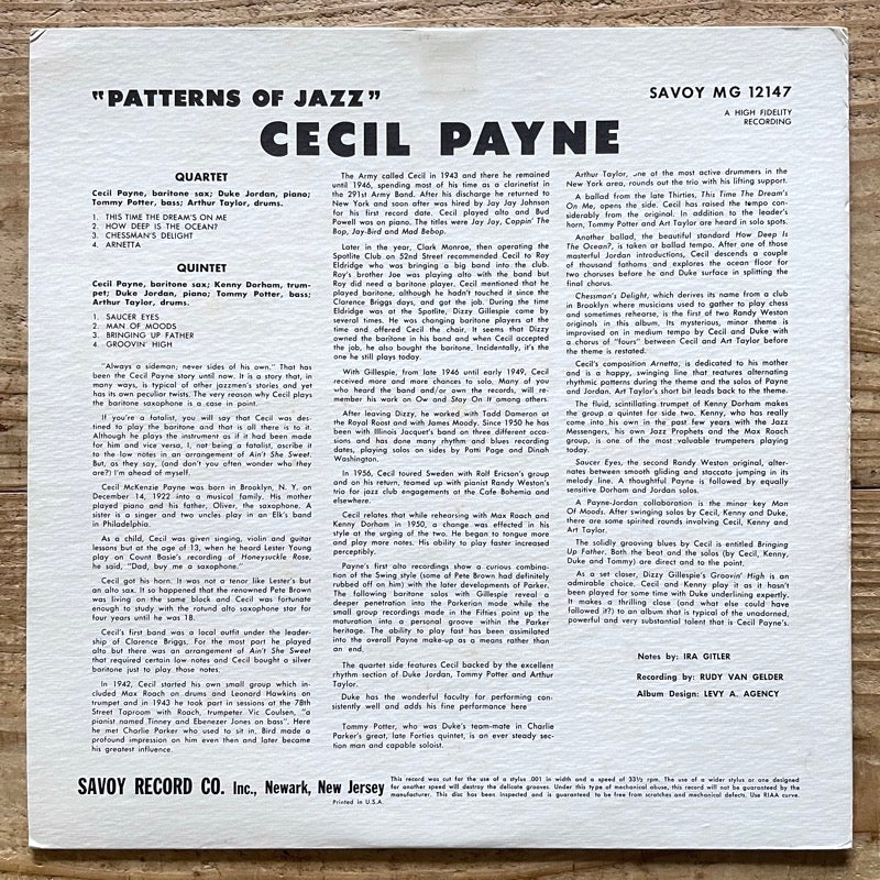 CECIL PAYNE / PATTERNS OF JAZZ - US Savoy DG Red