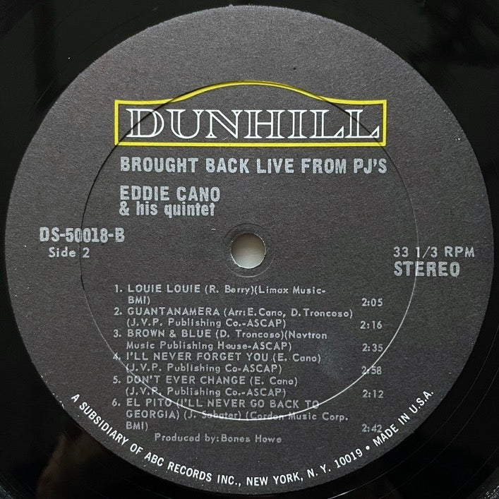 EDDIE CANO & HIS QUINTET / BROUGHT BACK LIVE FROM PJ'S - US Dunhill Original