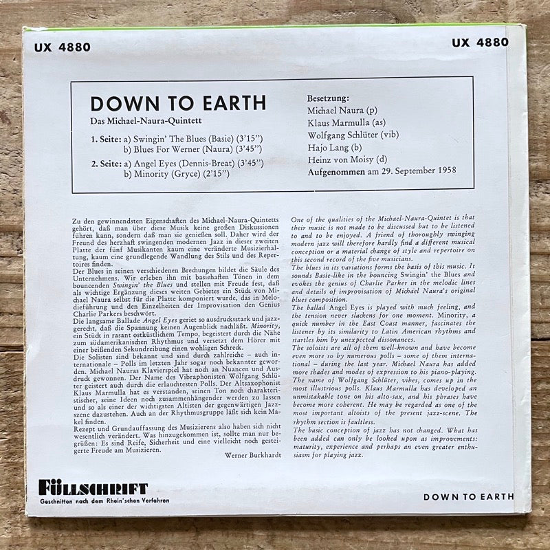 MICHAEL NAURA QUINTETT / DOWN TO EARTH (EP) - German Telefunken Original