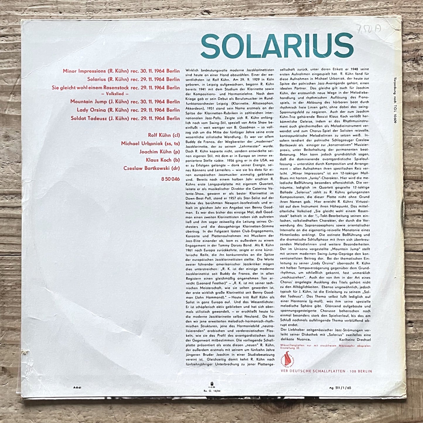 ROLF KUHN QUINTETT / SOLARIUS - German Amiga Original