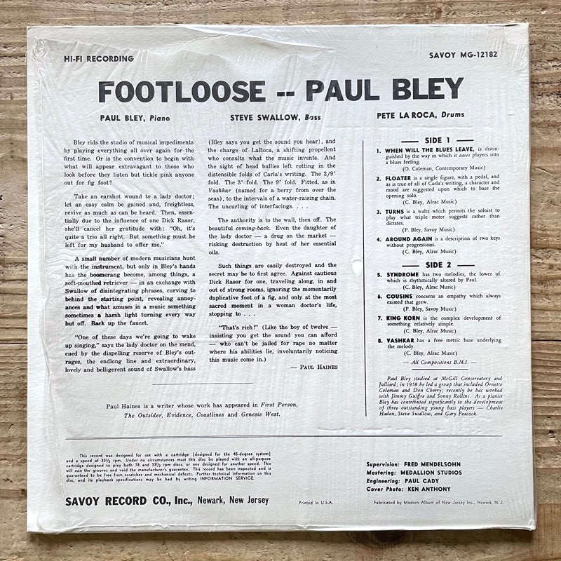 PAUL BLEY / FOOTLOOSE - US Savoy Original