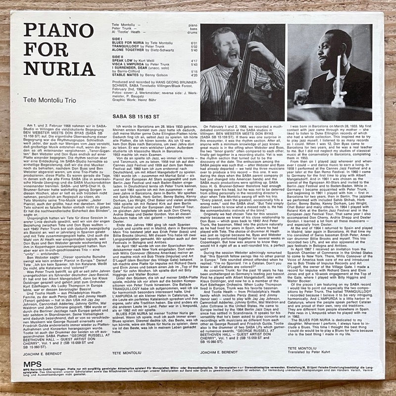 TETE MONTOLIU TRIO / PIANO FOR NURIA - German Saba Original