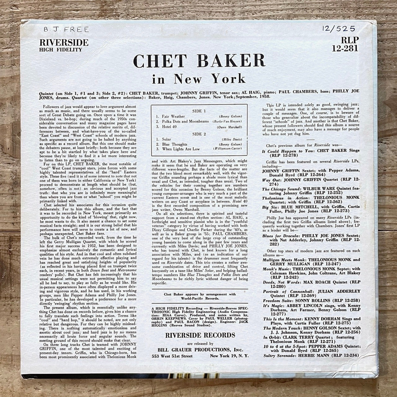 CHET BAKER / IN NEW YORK - US Riverside Original