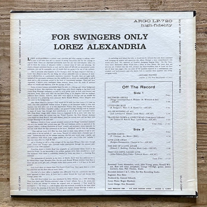 LOREZ ALEXANDRIA / FOR SWINGERS ONLY - US Argo Promo Original