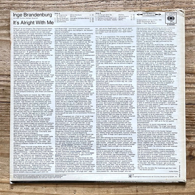 INGE BRANDENBURG / IT'S ALRIGHT WITH ME - German CBS Original