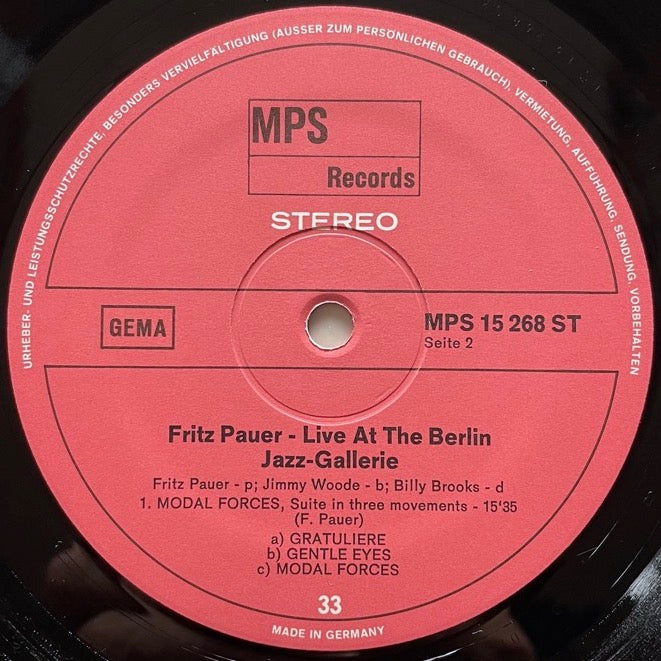 FRITZ PAUER / LIVE AT THE BERLIN JAZZ GALERIE - German MPS Original