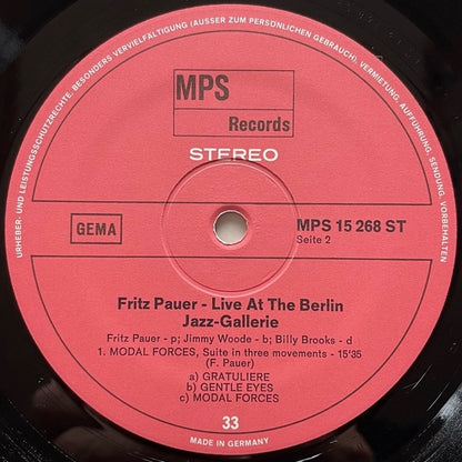 FRITZ PAUER / LIVE AT THE BERLIN JAZZ GALERIE - German MPS Original