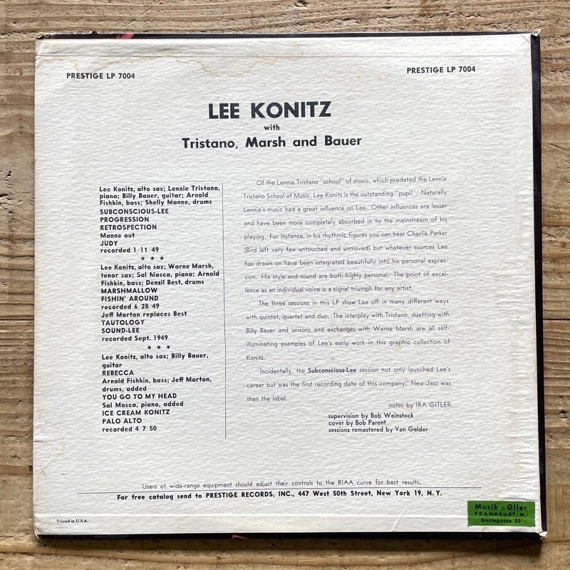 LEE KONITZ with TRISTANO, MARSH AND BAUER - US Prestige Original