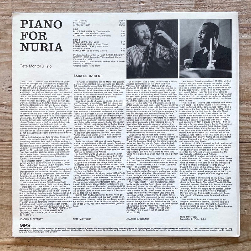 TETE MONTOLIU TRIO / PIANO FOR NURIA - German Saba Original