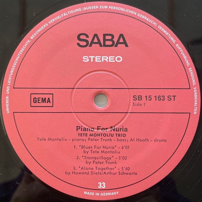 TETE MONTOLIU TRIO / PIANO FOR NURIA - German Saba Original