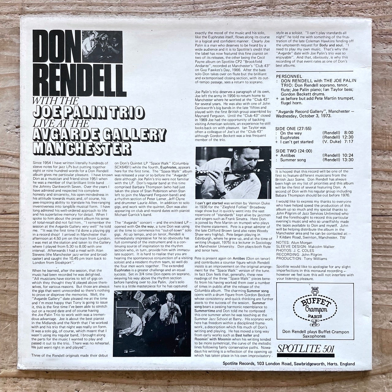 DON RENDELL with JOE PALIN TRIO / LIVE AT THE AVGARDE GALLERY MANCHESTER - UK Spotlite original