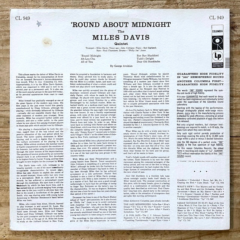 MILES DAVIS QUINTET / 'ROUND ABOUT MIDNIGHT - US Columbia original