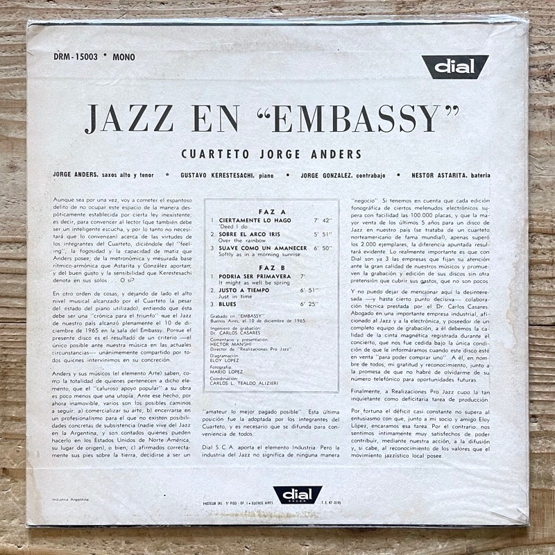 CUARTETO JORGE ANDERS / JAZZ EN EMBASSY - Argentina Dial Original