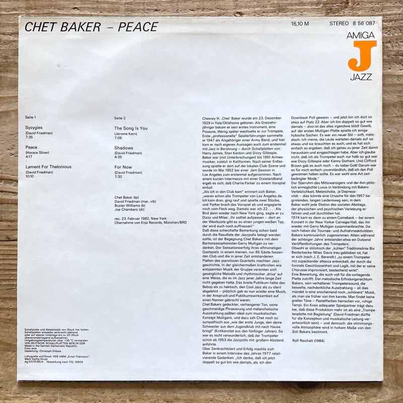 CHET BAKER / PEACE - German Amiga