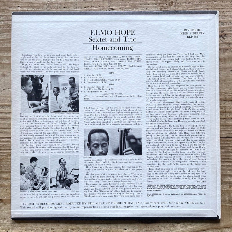 ELMO HOPE SEXTET & TRIO / HOMECOMING - US Riverside original