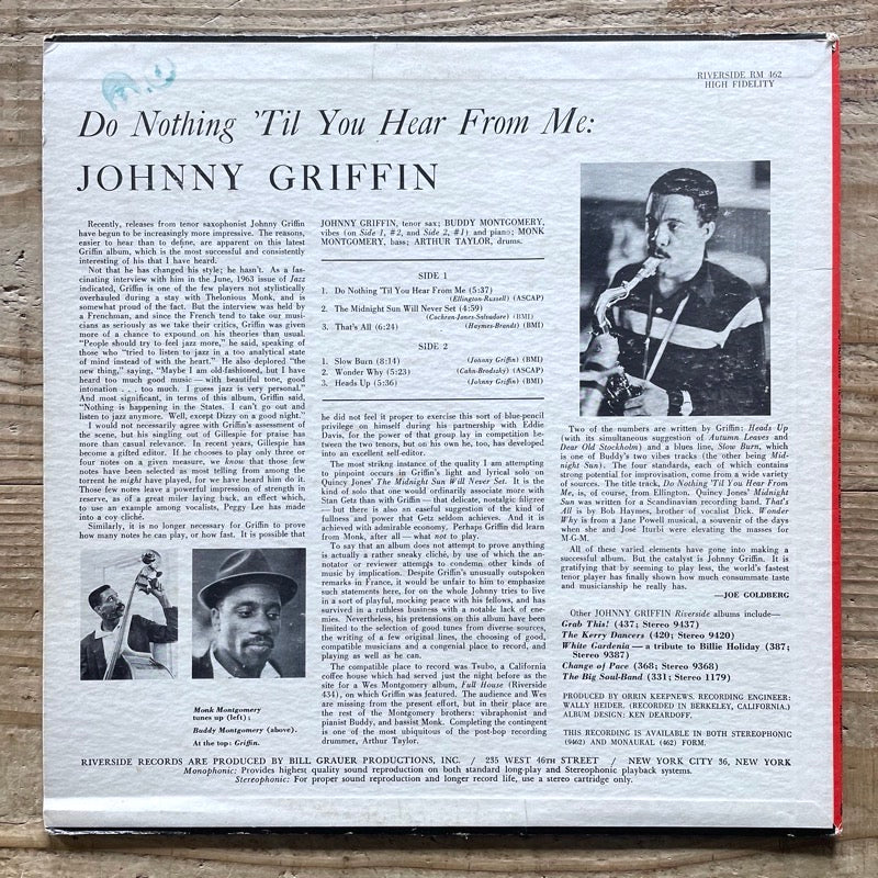 JOHNNY GRIFFIN / DO NOTHING 'TIL YOU HEAR FROM ME - US Riverside Original