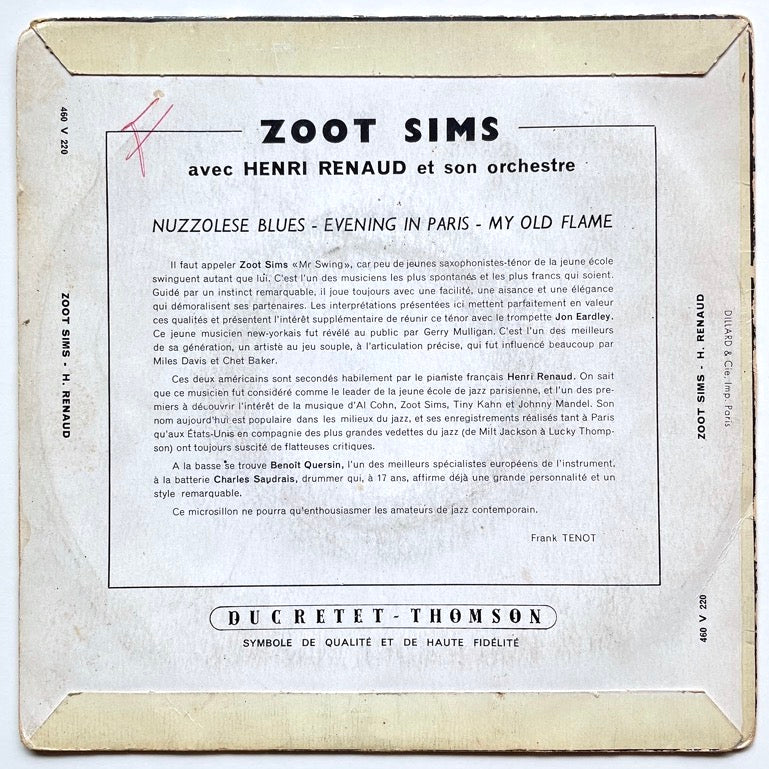 ZOOT SIMS avec HENRI RENAUD on DUCRETET-THOMSON - French EP