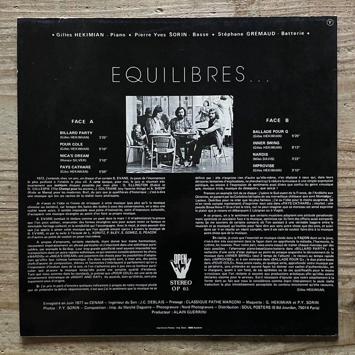 GILLES HEKIMIAN TRIO / EQUILIBRES - French Open Original
