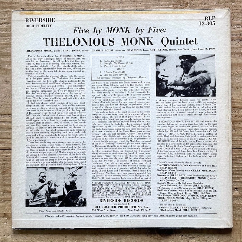 THELONIOUS MONK QUINTET / FIVE BY MONK BY FIVE - US Riverside Original