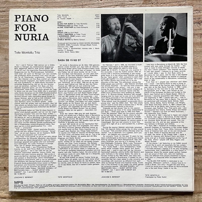 TETE MONTOLIU TRIO / PIANO FOR NURIA - German Saba Original