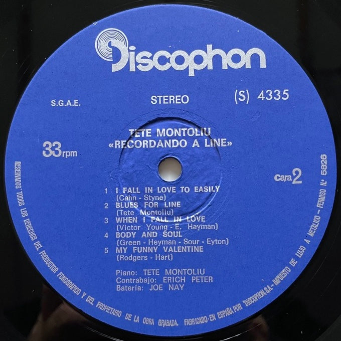 TETE MONTOLIU TRIO / RECORDANDO A LINE - Spanish Discophon
