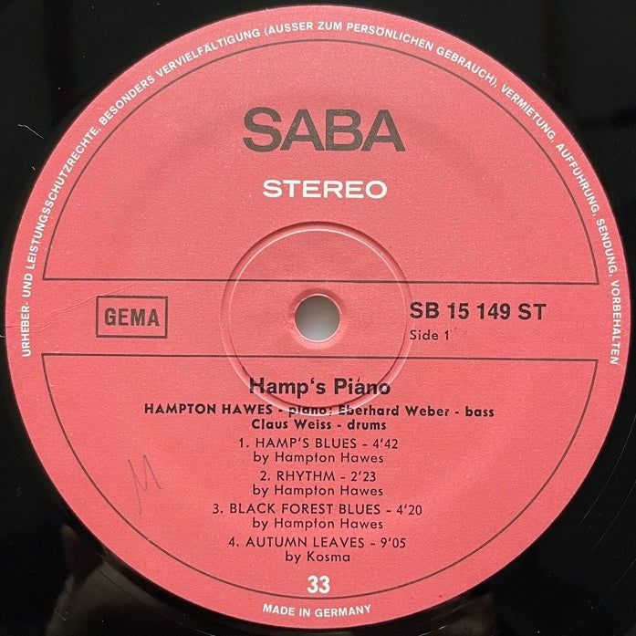 HAMPTON HAWES TRIO / HAMP'S PIANO - German Saba Original