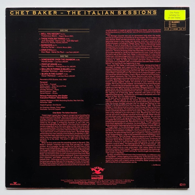 CHET BAKER / THE ITALIAN SESSIONS (CHET IS BACK) - German Blue Bird