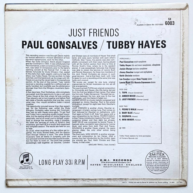 PAUL GONSALVES AND TUBBY HAYES / JUST FRIENDS - UK Columbia Original