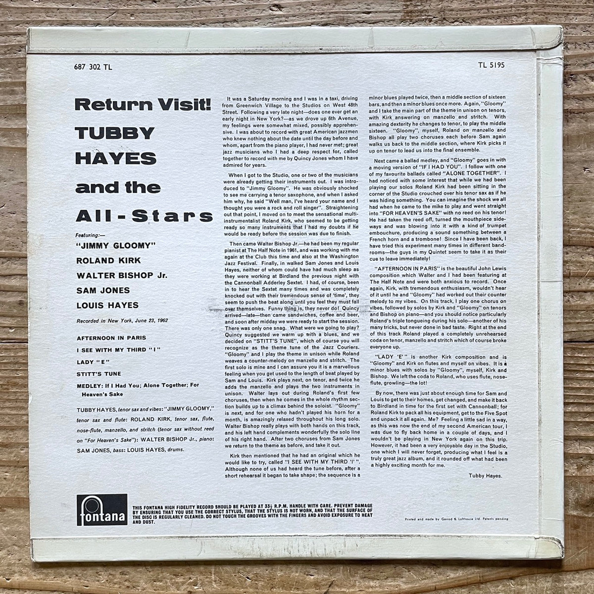 TUBBY HAYES / RETURN VISIT - Dutch Fontana